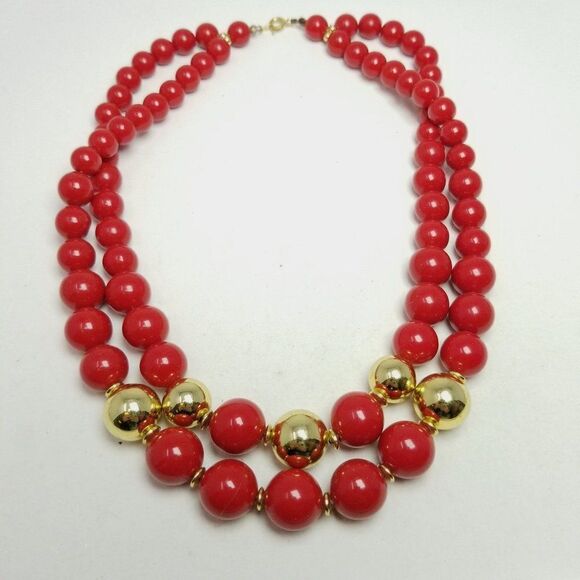 Vintage Red Beded Two Strand Necklace with Gold Tone Accents, Retro Statement - Picture 1 of 5